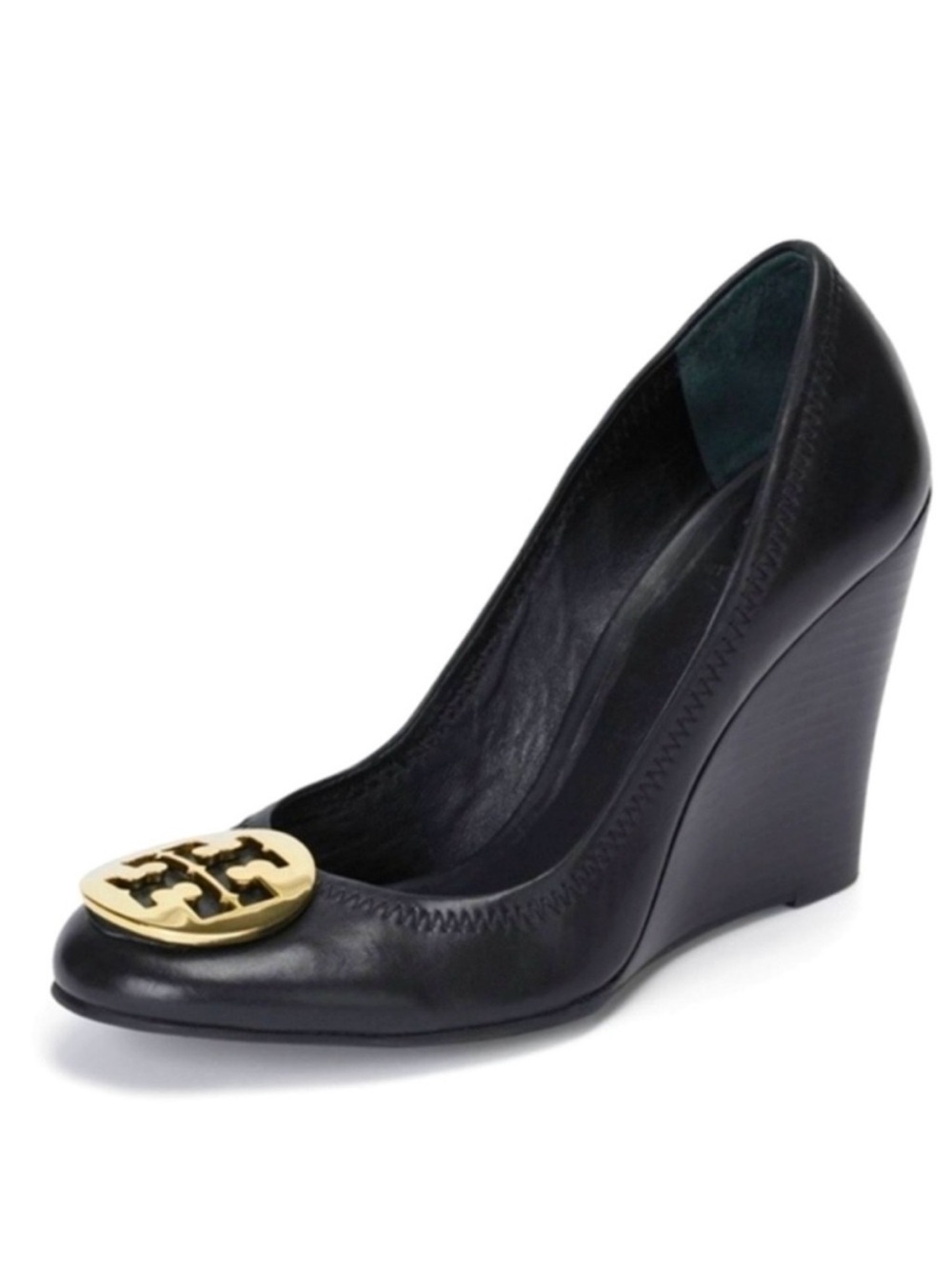 Tory Burch “Sophie” Black Leather Wedge with Gold Logo Medallion